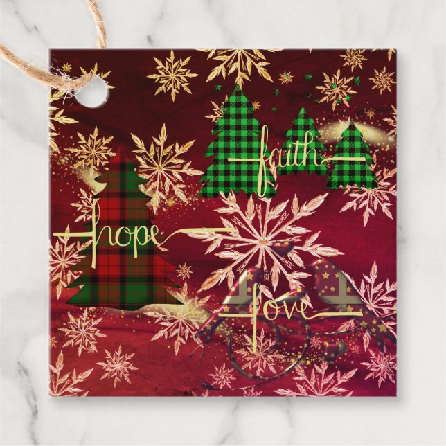 Étiquettes Cadeau Arbres de Noël Foi Espérance Aimer Neige Or Flakes (Devant)