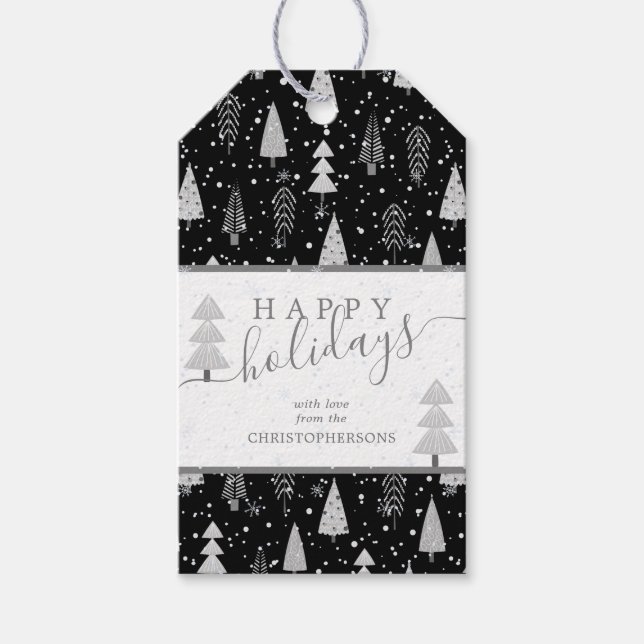 Étiquettes-cadeau Arbres de Noël modernes JEUX VACANCES Script Noir (Devant)