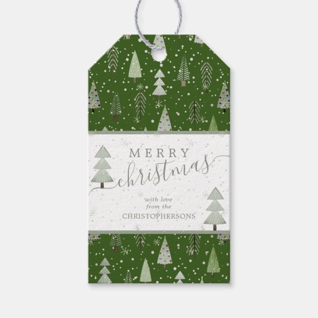 Étiquettes-cadeau Arbres de Noël modernes MERRY CHRISTMAS Script (Devant)