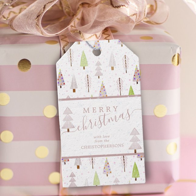 Étiquettes-cadeau Arbres de Noël modernes MERRY CHRISTMAS Script ros (Créateur téléchargé)