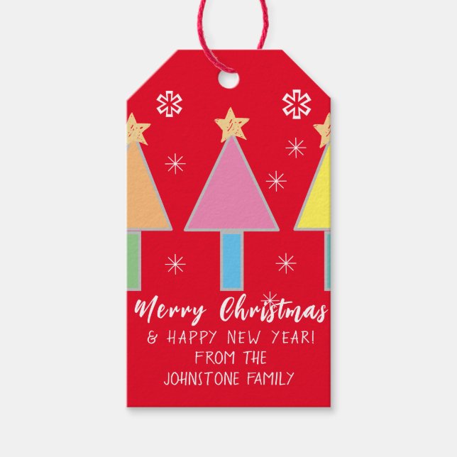 Étiquettes-cadeau Arbres de Noël Nom personnalisé Cool Rouge mou (Devant)