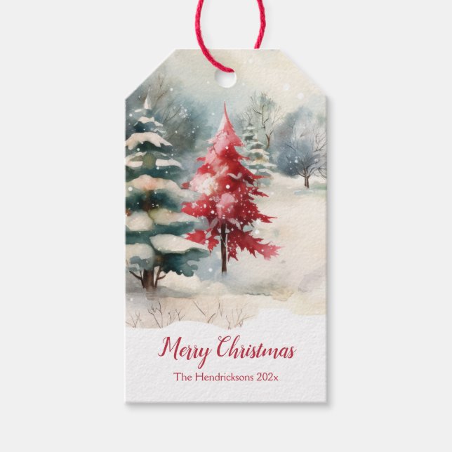 Étiquettes-cadeau Arbres de Noël pins rouges et verts (Devant)