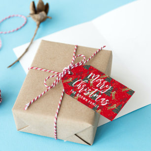 Étiquettes-cadeau Arbres de Noël & tigres motif rouge arrière - plan