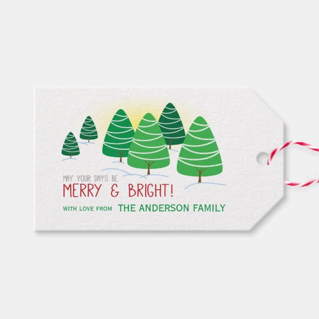 Étiquettes-cadeau Arbres de Noël verts, Joyeux et lumineux, Personna (Devant (Horizontal))