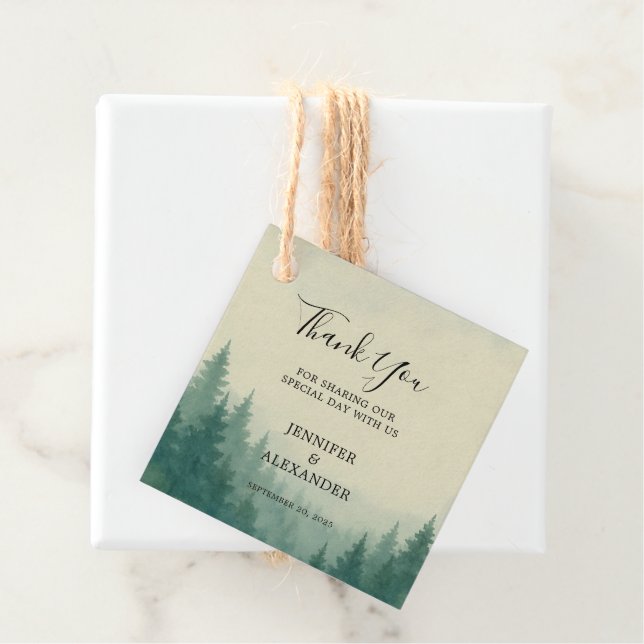Étiquettes Cadeau Arbres rustiques aquarelles forêt mariage Merci (En situation)