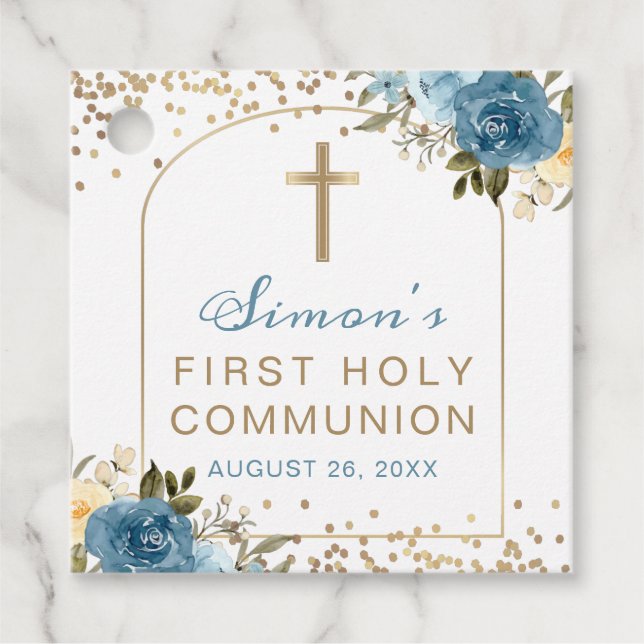 Étiquettes Cadeau Arc Bleu Or Floral 1ère Sainte Communion Merci (Devant)