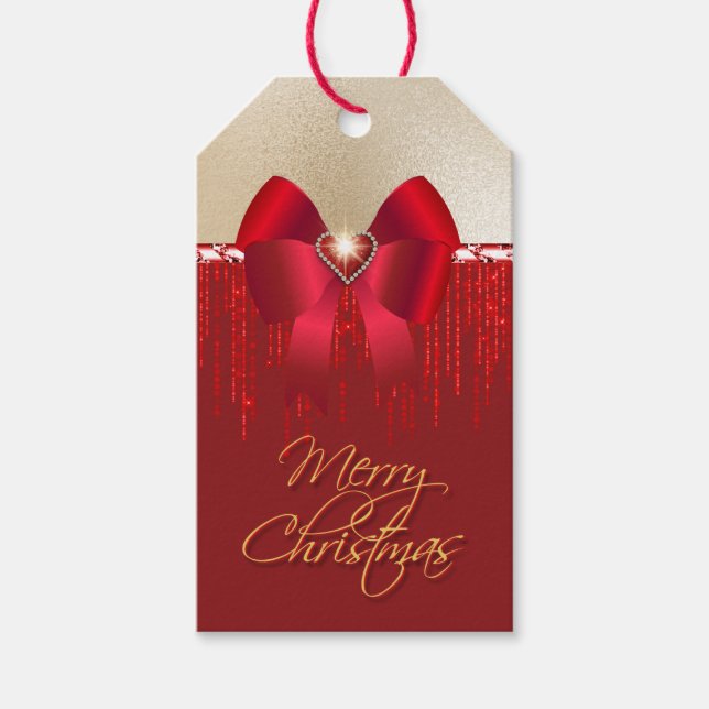 Étiquettes-cadeau Arc de satin rouge romantique à Noël d'or (Devant)