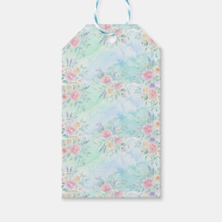 Étiquettes-cadeau arc-en-ciel floral pastel aquarelle fond bleu vert