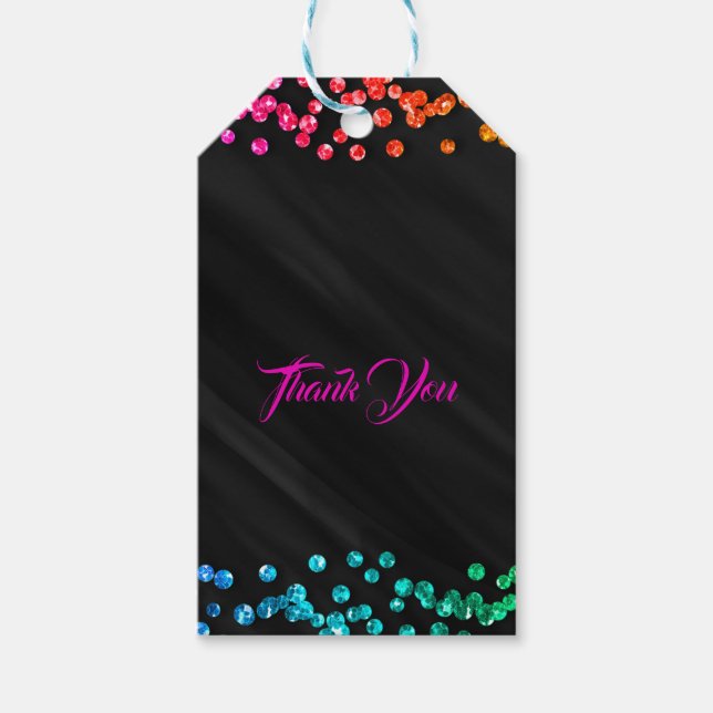 Étiquettes-cadeau Arc-en-ciel noir Paillettes Confettis Points Fête  (Devant)