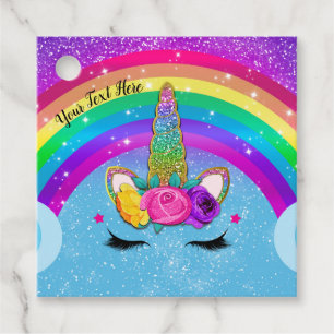 Étiquettes Cadeau Arc-en-ciel Paillettes Licorne Corne Visage Fête