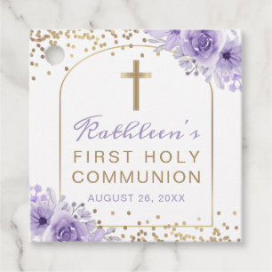 Étiquettes Cadeau Arc Purple Or Floral Premier Merci Communion