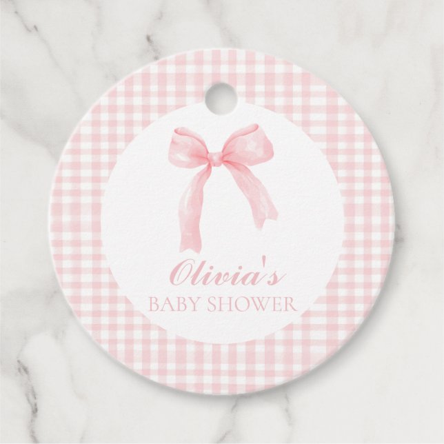 Étiquettes Cadeau Arc rose et en vichy baby shower préppant (Devant)