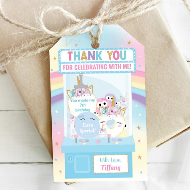 Étiquettes-cadeau Arcade Girl Anniversaire Cute Blue Claw Machine Fa (Créateur téléchargé)