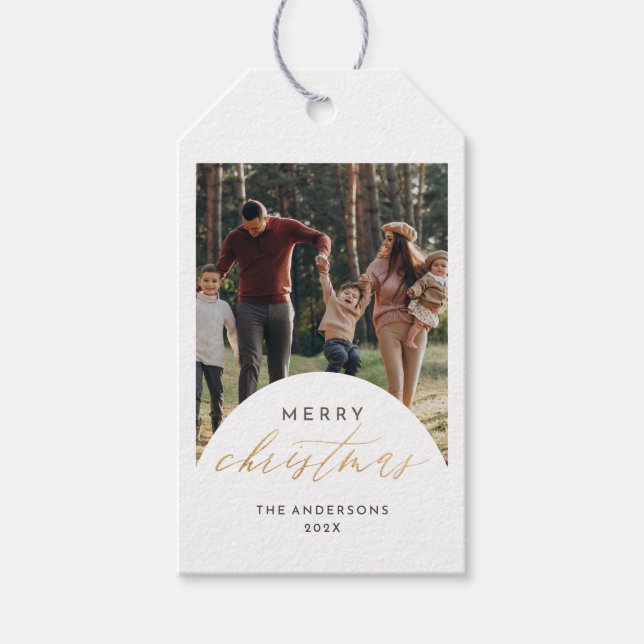 Étiquettes-cadeau Arche photo moderne Joyeux Noël Gold Script (Devant)