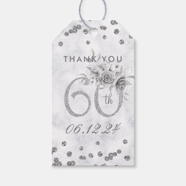 Étiquettes-cadeau Argent 60e anniversaire Merci Glam Marble (Devant)