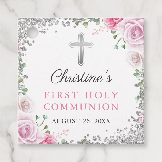 Étiquettes Cadeau Argent rose Floral Premier Saint Communion Merci (Devant)