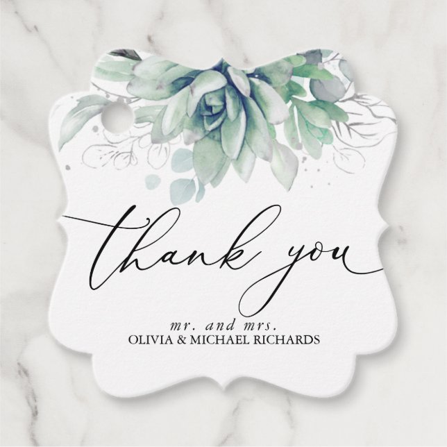 Étiquettes Cadeau Argent Succulents Verdure Mariage Merci (Devant)