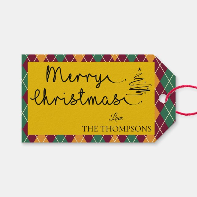 Étiquettes-cadeau Argyle Jaune Orange Vert Script Joyeux Noël  (Devant (Horizontal))