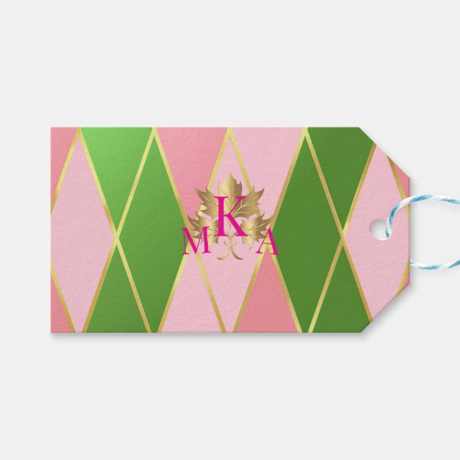 Étiquettes-cadeau Argyle Rose et Vert Personnalisable (Devant (Horizontal))