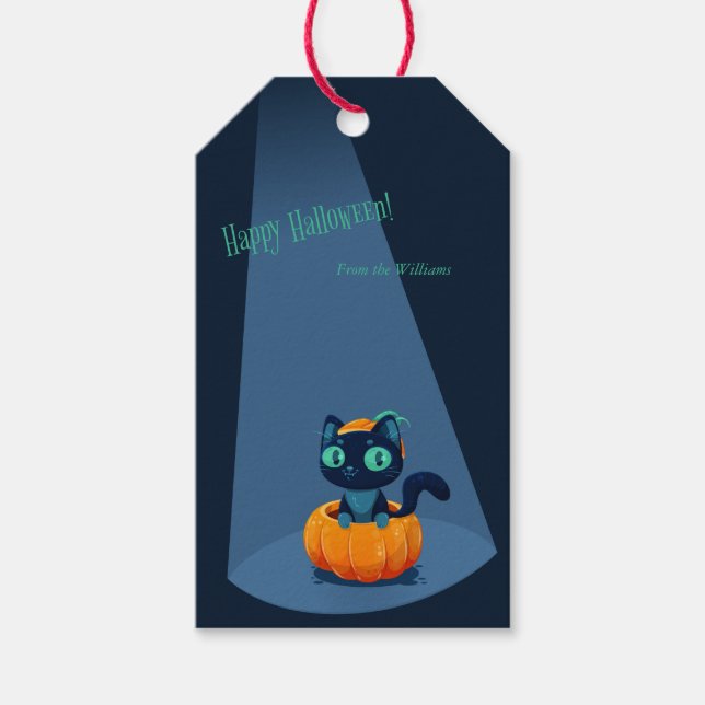 Étiquettes-cadeau Arrière - plan d'Halloween avec chat mignon (Devant)