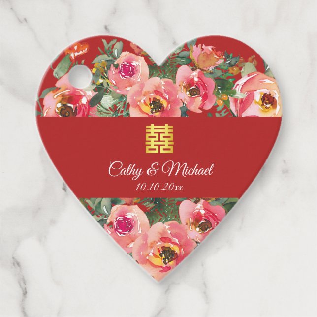 Étiquettes Cadeau Arrière - plan rose double bonheur symbole (Devant)