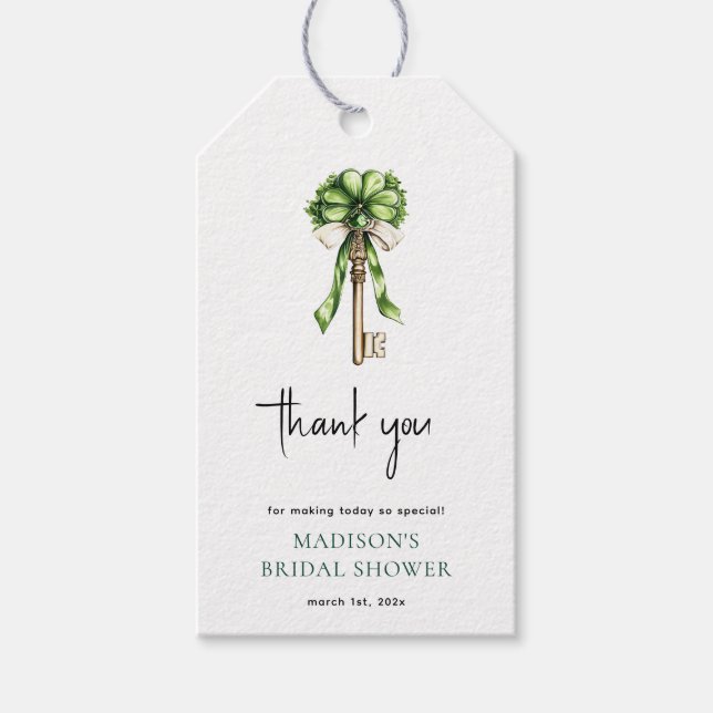Étiquettes-cadeau Arrosoir de Mariée Aquarelle Clé Or & Trèfle (Devant)