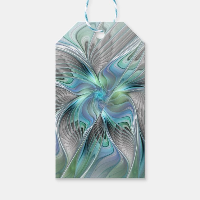 Étiquettes-cadeau Art abstrait papillon bleu vert fantasy fractal (Devant)