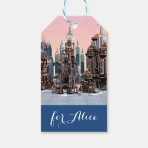 Étiquettes-cadeau Art de la skyline de ville futuriste pastel fantas