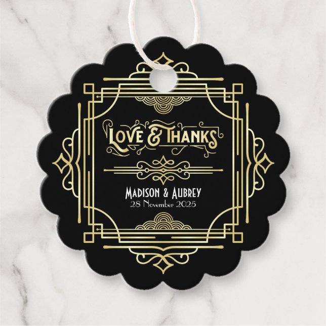Étiquettes Cadeau Art Déco Mariage Amour & Merci Gold Black Faveur (Devant)
