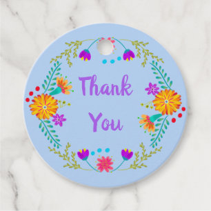 Étiquettes Cadeau Art folklorique mexicain Merci floral bleu clair