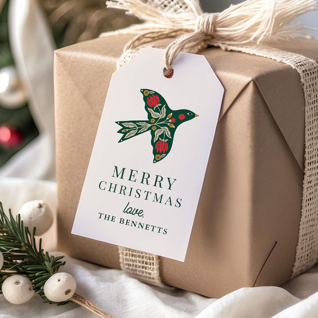 Étiquettes-cadeau Art populaire moderne Floral Oiseau Noël (Créateur téléchargé)