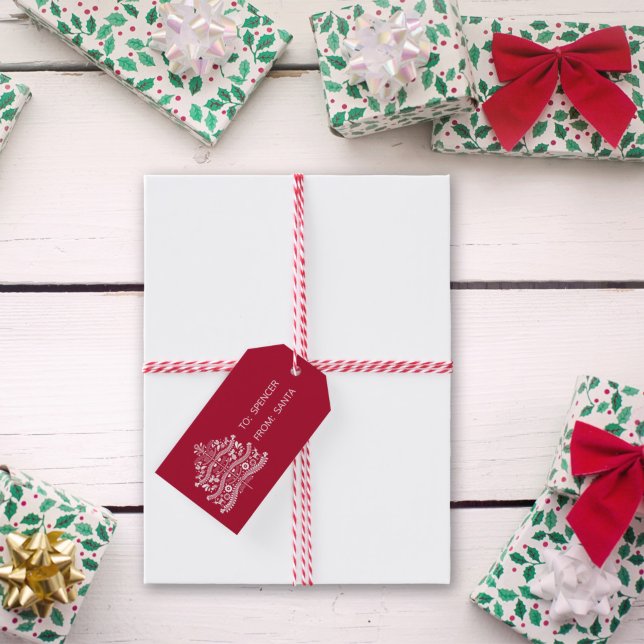 Étiquettes-cadeau Art populaire scandinave blanc Arbre de Noël nordi (Créateur téléchargé)