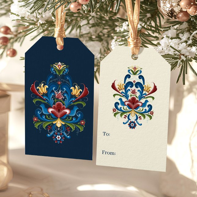Étiquettes-cadeau Art populaire scandinave Bleu Rouge Floral Rosemal (Créateur téléchargé)