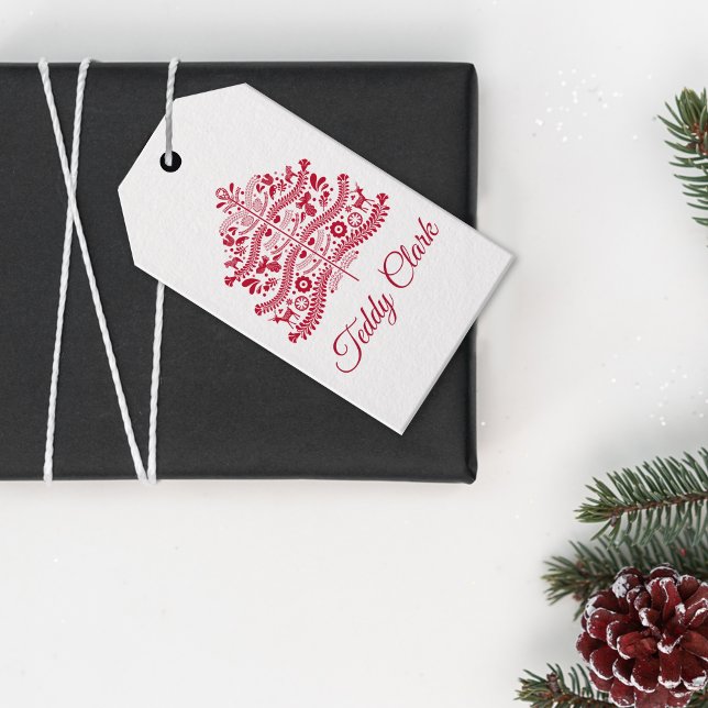 Étiquettes-cadeau Art populaire scandinave rouge Arbre de Noël nordi (Créateur téléchargé)