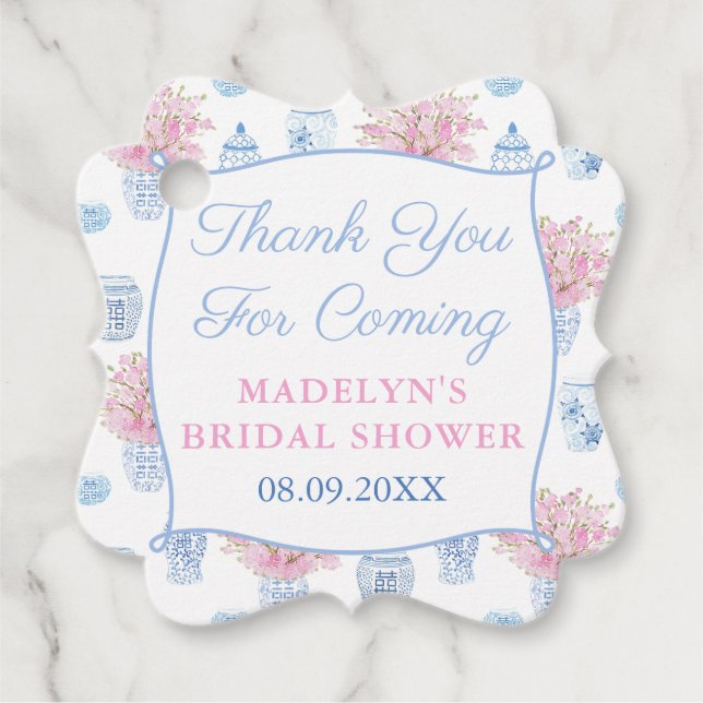 Étiquettes Cadeau Assez & Préparé Rose Pot de Gingembre Bleu Mariage (Devant)