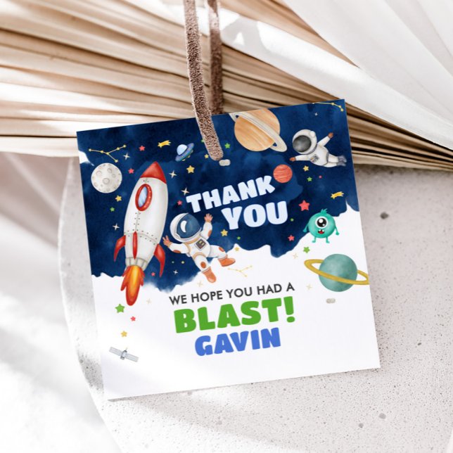 Étiquettes Cadeau Astronaut Espace extra-atmosphérique Carré de fête (Astronaut Outer Space Blast Off Birthday Party Square Favor Tags)