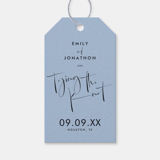 Étiquettes-cadeau Attacher le noeud Script Dusty Blue Enregistrer la (Devant)