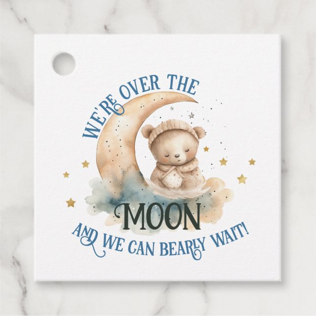 Étiquettes Cadeau Au-Dessus De La Lune Teddy Bear Bébé Garçon Douche (Devant)