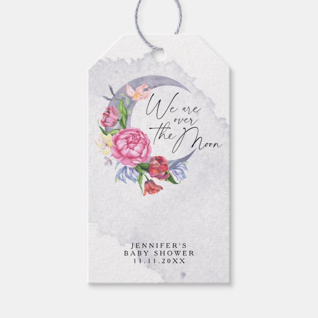 Étiquettes-cadeau Au-dessus du baby shower des fleurs de lune (Devant)