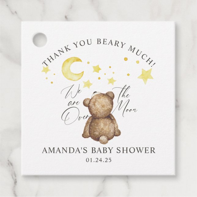 Étiquettes Cadeau Au-Dessus Du Baby shower Lune Teddy Bear (Devant)