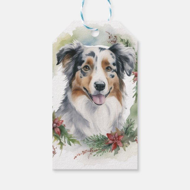 Étiquettes-cadeau Australian Shepherd Christmas Wreath Festive Pup (Dos)