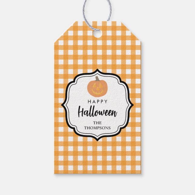 Étiquettes-cadeau Automne Automne Orange Plaid Halloween Citrouille (Devant)