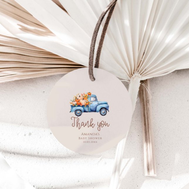 Étiquettes Cadeau Automne Baby shower Citrouille bleu  camion (Créateur téléchargé)