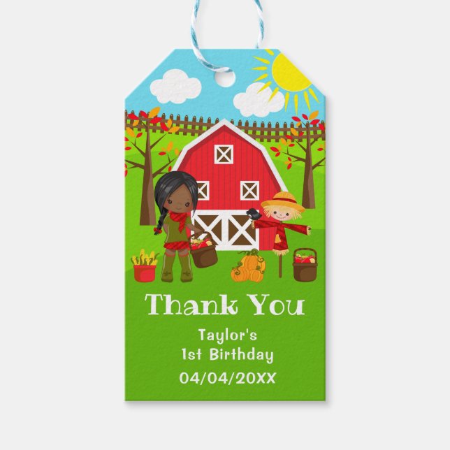Étiquettes-cadeau Automne Barnyard Anniversaire Dark Skin Girl Merci (Devant)