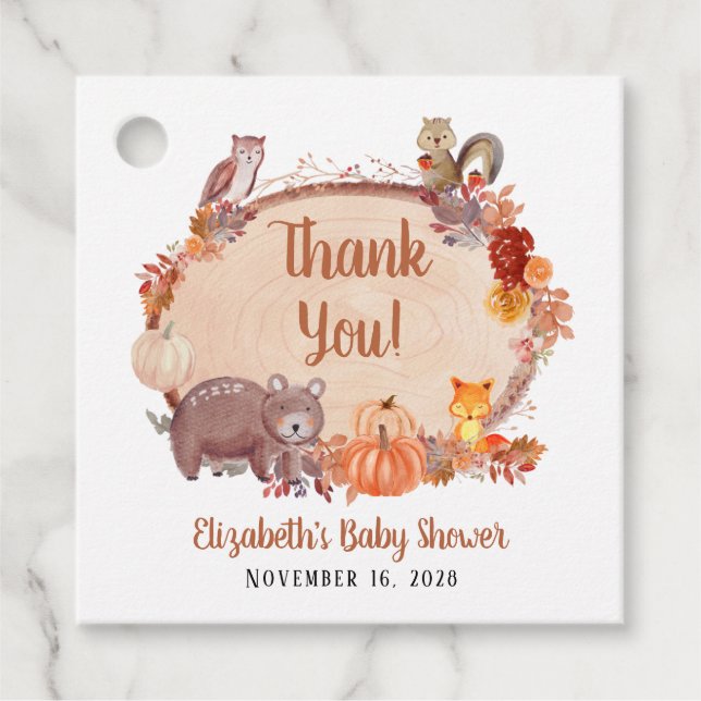 Étiquettes Cadeau Automne Bois Animaux Baby shower Merci (Devant)