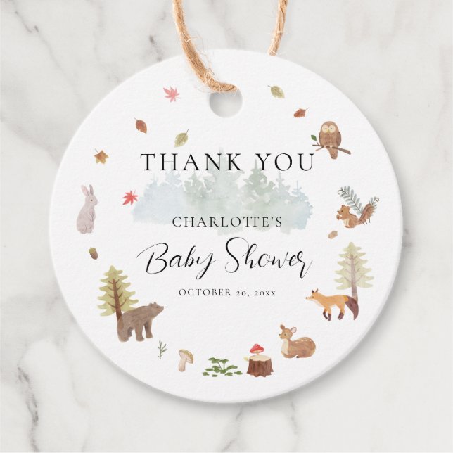 Étiquettes Cadeau Automne Bois Animaux Garçons Baby shower Merci (Devant)