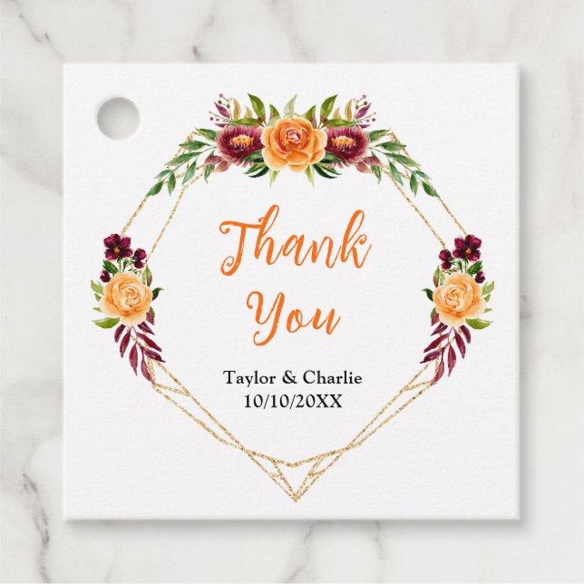 Étiquettes Cadeau Automne Bourgogne Orange Floral Mariage Merci (Devant)