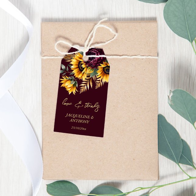 Étiquettes-cadeau Automne été bordeaux tournesol fête de mariage (Fall summer burgundy sunflowers wedding thank you favor gift tags autumn floral moody dark favor tag)