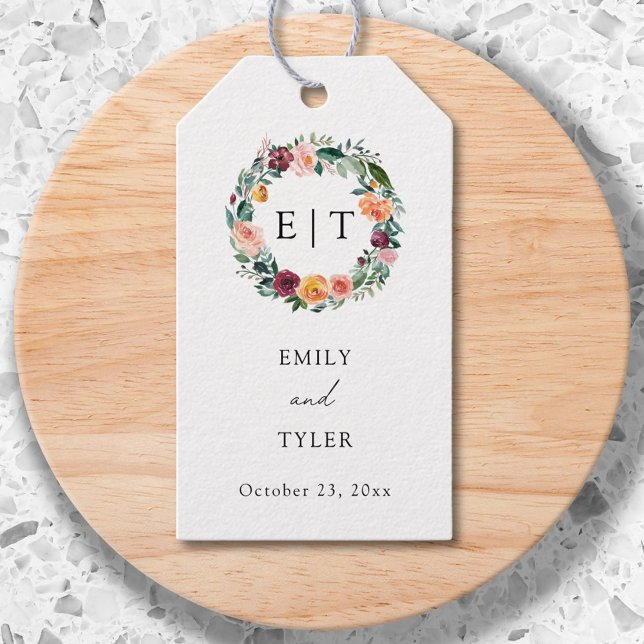 Étiquettes-cadeau Automne Fleur Rose Fleur Floral Mariage Wreath (Close up)