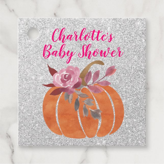 Étiquettes Cadeau Automne Floral Citrouille Baby shower rose argent (Devant)